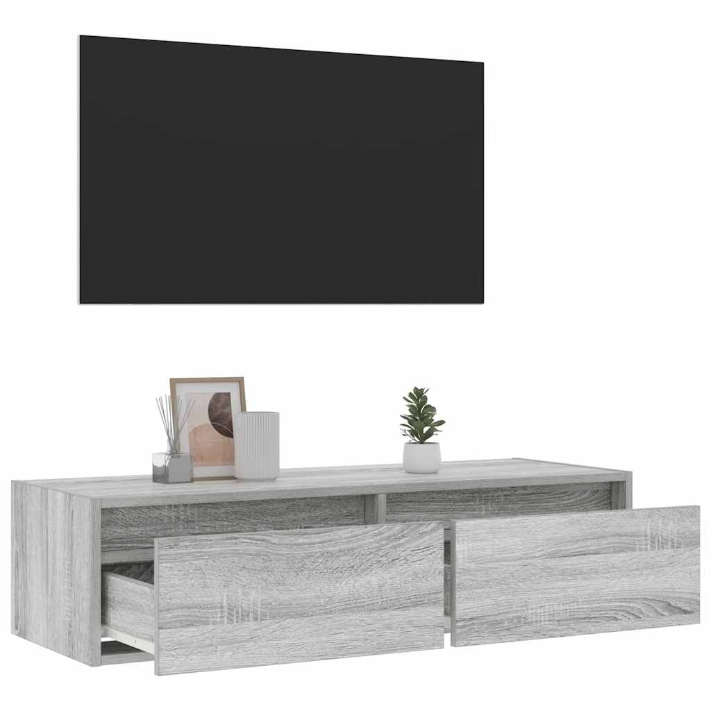 TV cabinet with LED lights, Sonoma grey, 100 x 35.5 x 25 cm