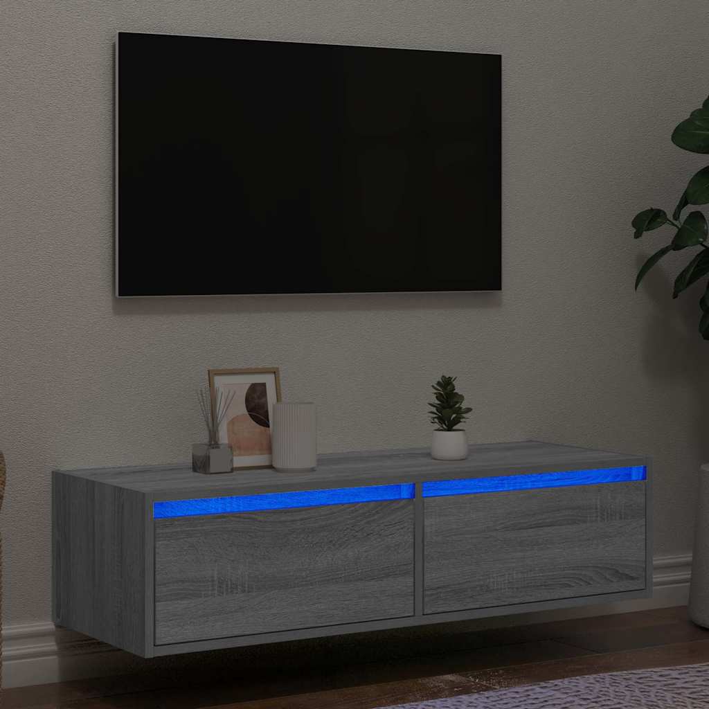 TV cabinet with LED lights, Sonoma grey, 100 x 35.5 x 25 cm