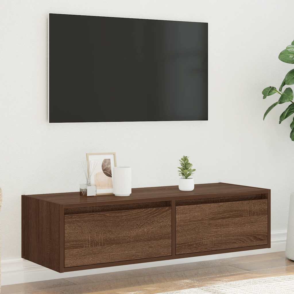 TV cabinet with LED lights, brown oak look, 100 x 35.5 x 25 cm
