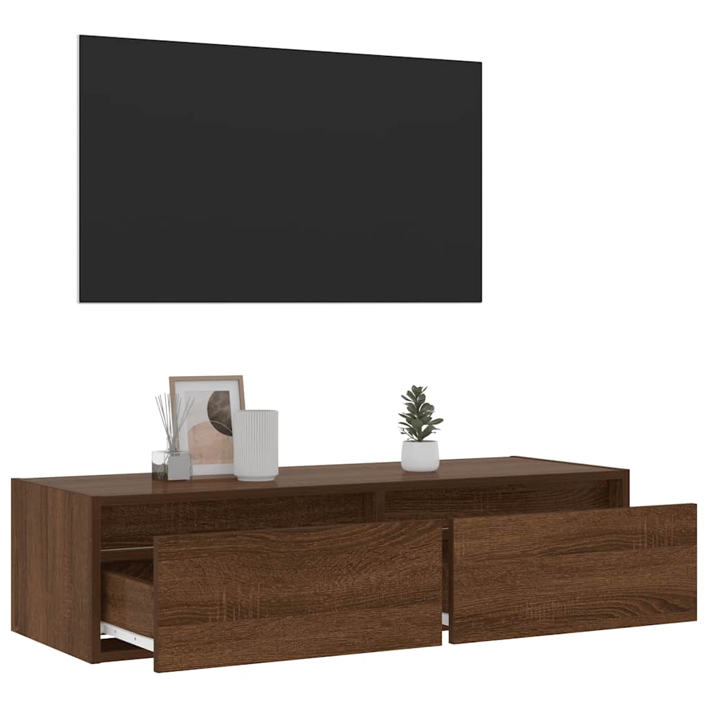 TV cabinet with LED lights, brown oak look, 100 x 35.5 x 25 cm