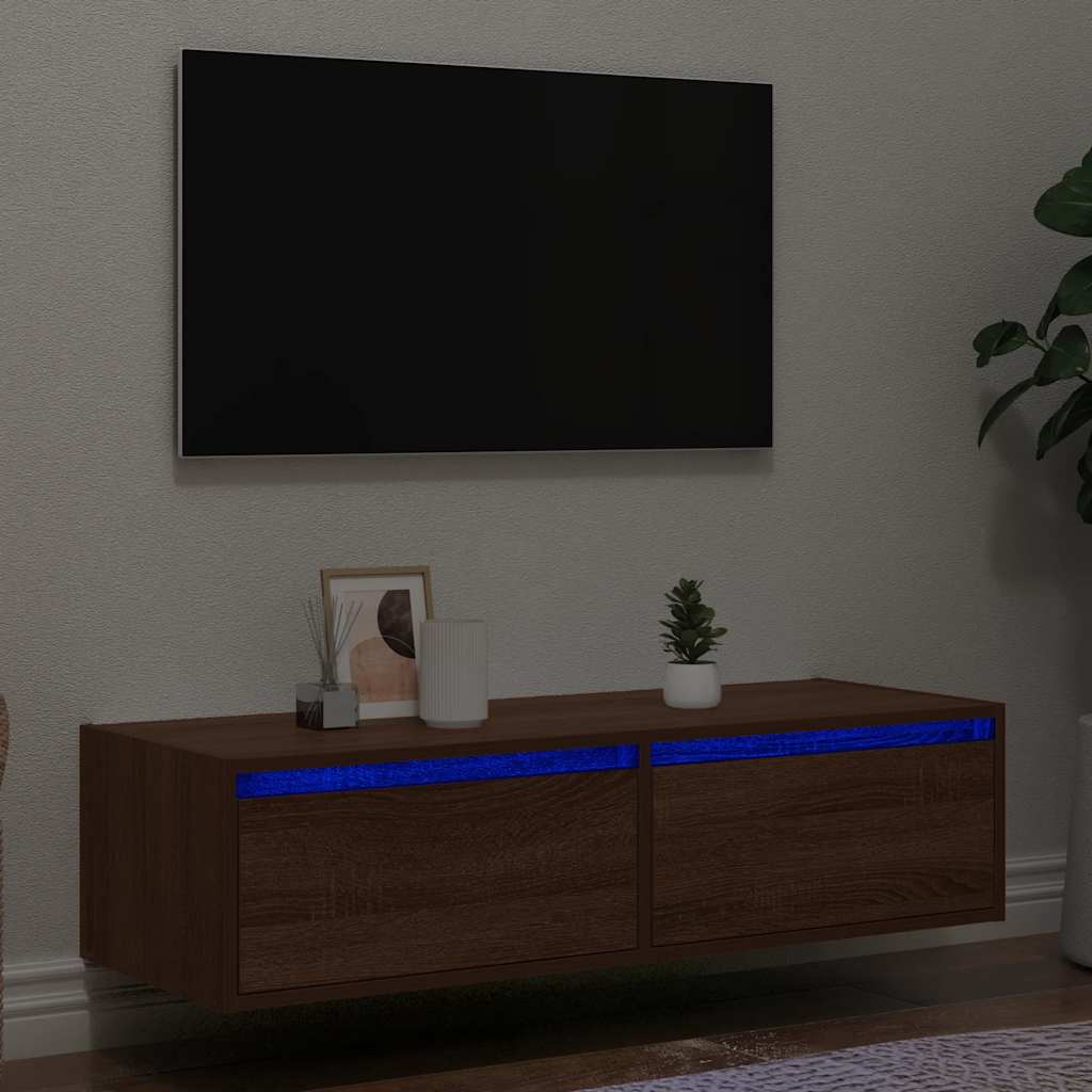 TV cabinet with LED lights, brown oak look, 100 x 35.5 x 25 cm