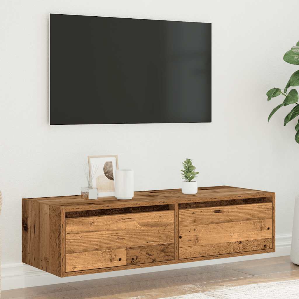 Meuble TV avec éclairage LED, aspect bois récupéré, 100 x 35,5 x 25 cm