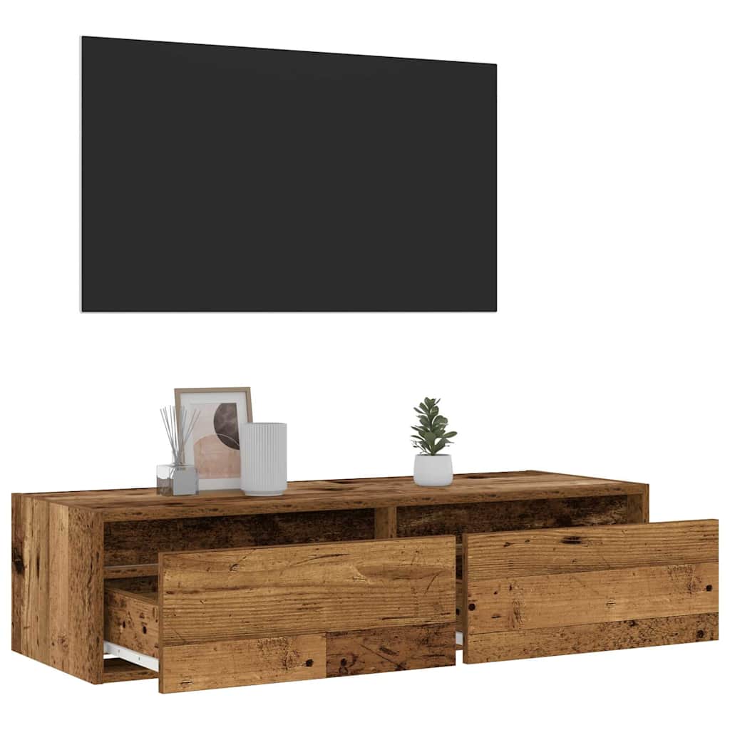 Meuble TV avec éclairage LED, aspect bois récupéré, 100 x 35,5 x 25 cm