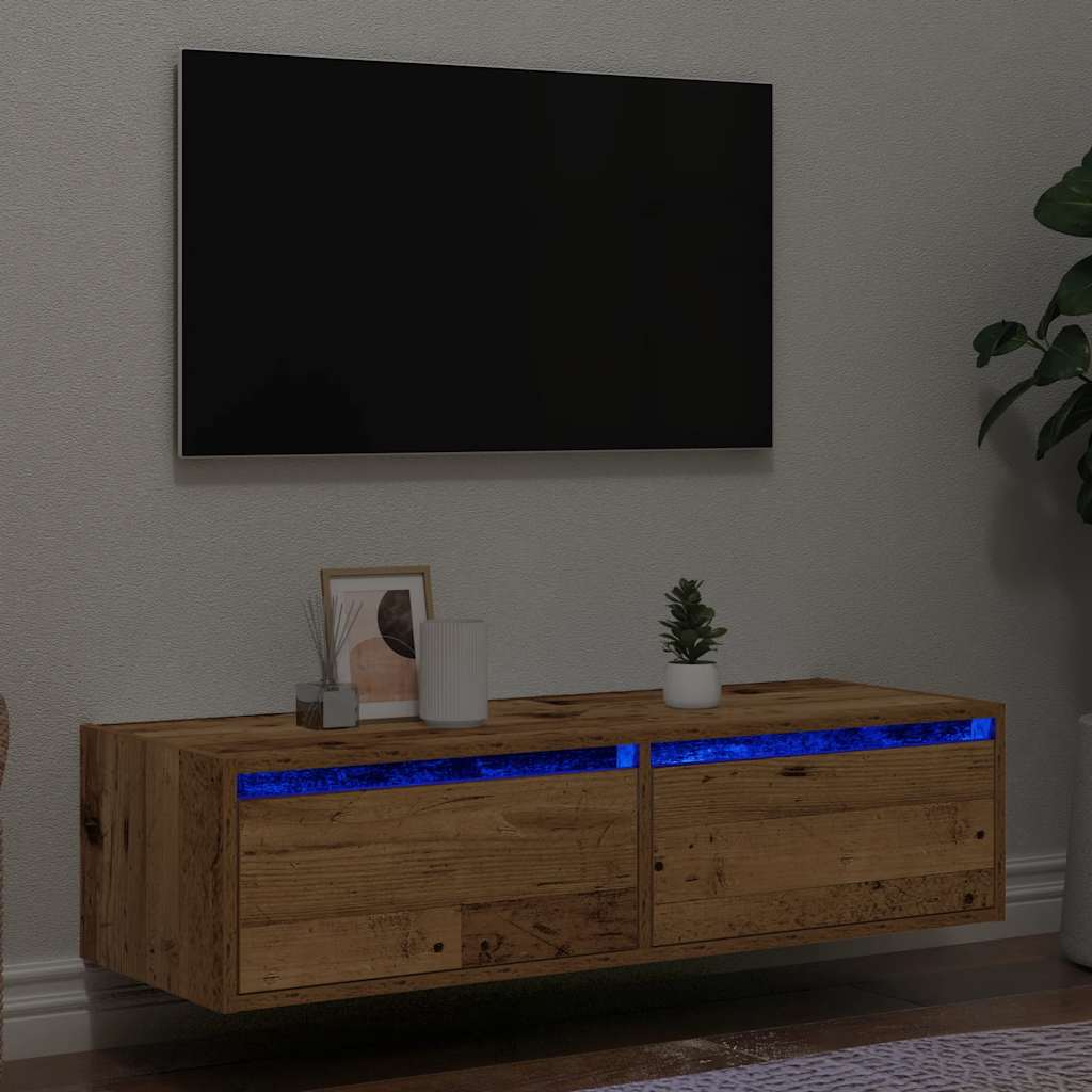 Meuble TV avec éclairage LED, aspect bois récupéré, 100 x 35,5 x 25 cm