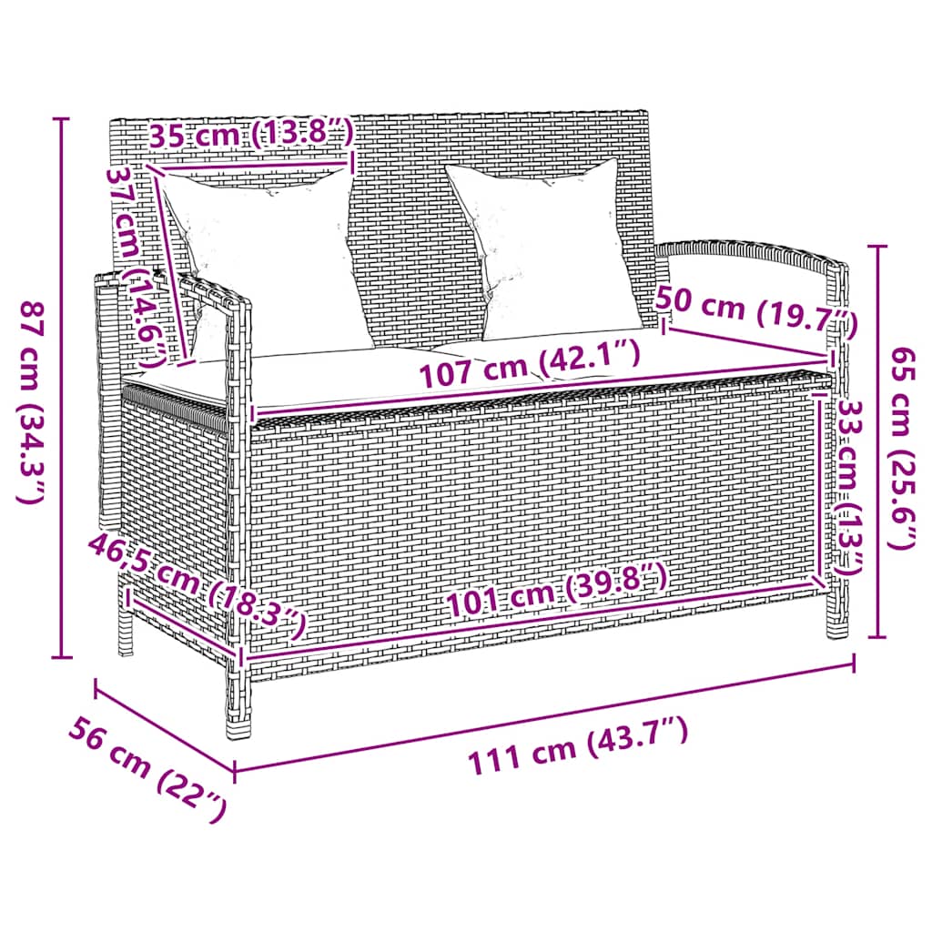 Gartenbank mit Stauraum und Kissen Braun Poly Rattan