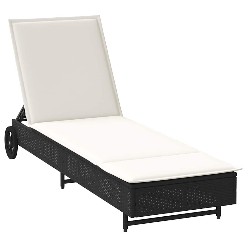 Bain de soleil à roulettes et coussin en polyrotin noir