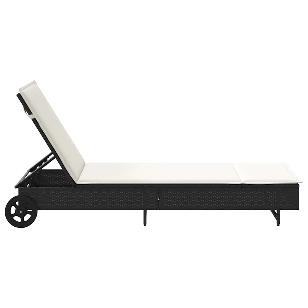 Bain de soleil à roulettes et coussin en polyrotin noir