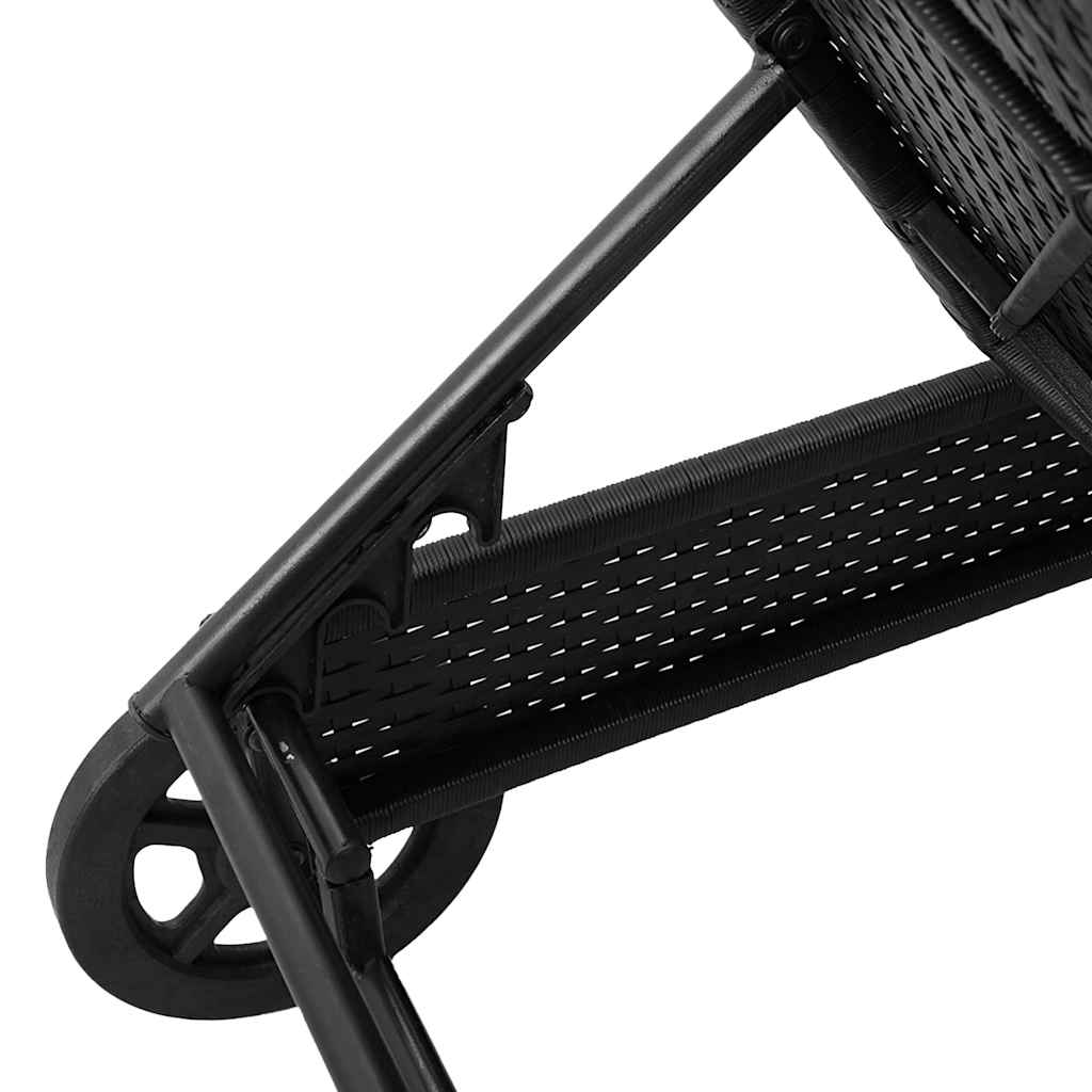 Bain de soleil à roulettes et coussin en polyrotin noir