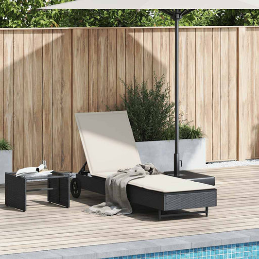 Bain de soleil à roulettes et coussin en polyrotin noir