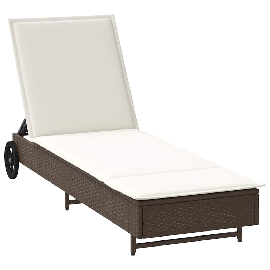 Bain de soleil à roulettes et coussin en polyrotin marron