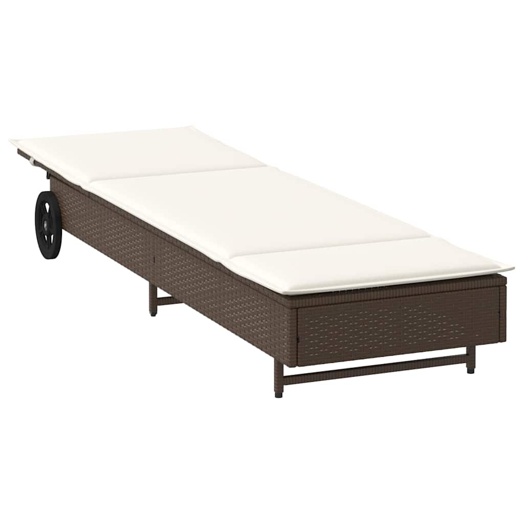 Bain de soleil à roulettes et coussin en polyrotin marron