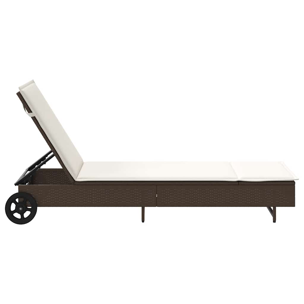 Bain de soleil à roulettes et coussin en polyrotin marron