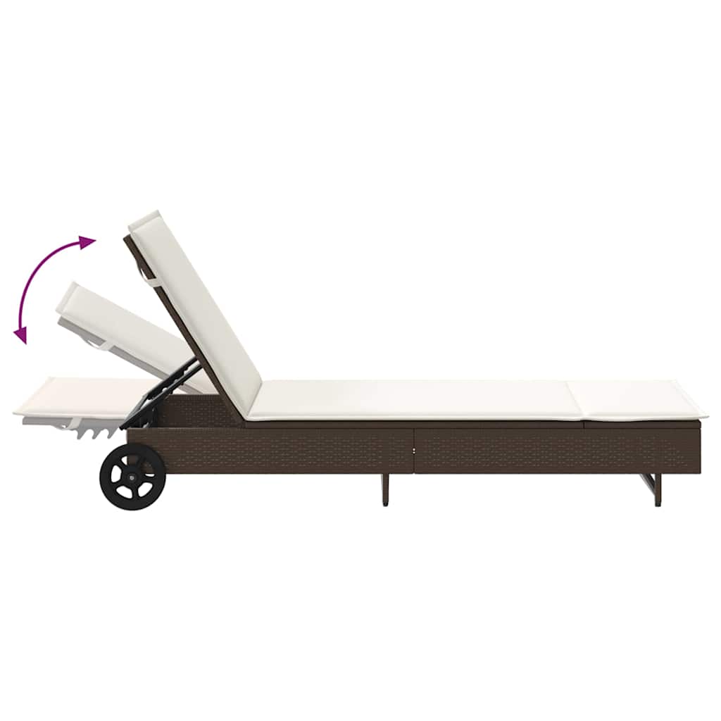 Bain de soleil à roulettes et coussin en polyrotin marron