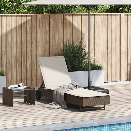 Bain de soleil à roulettes et coussin en polyrotin marron