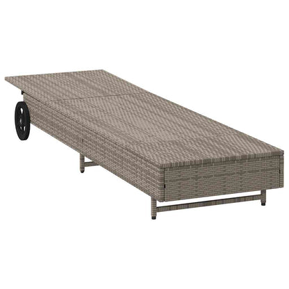 Sonnenliege mit Rollen und Auflage Grau Poly Rattan