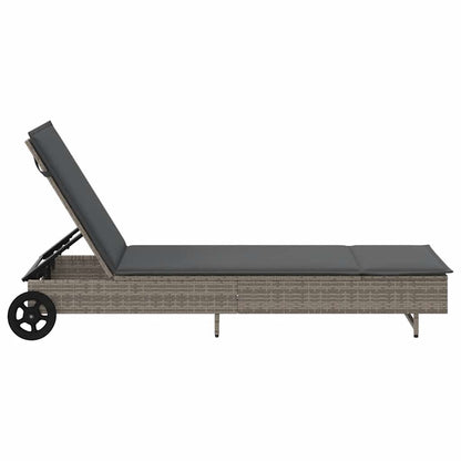 Sonnenliege mit Rollen und Auflage Grau Poly Rattan