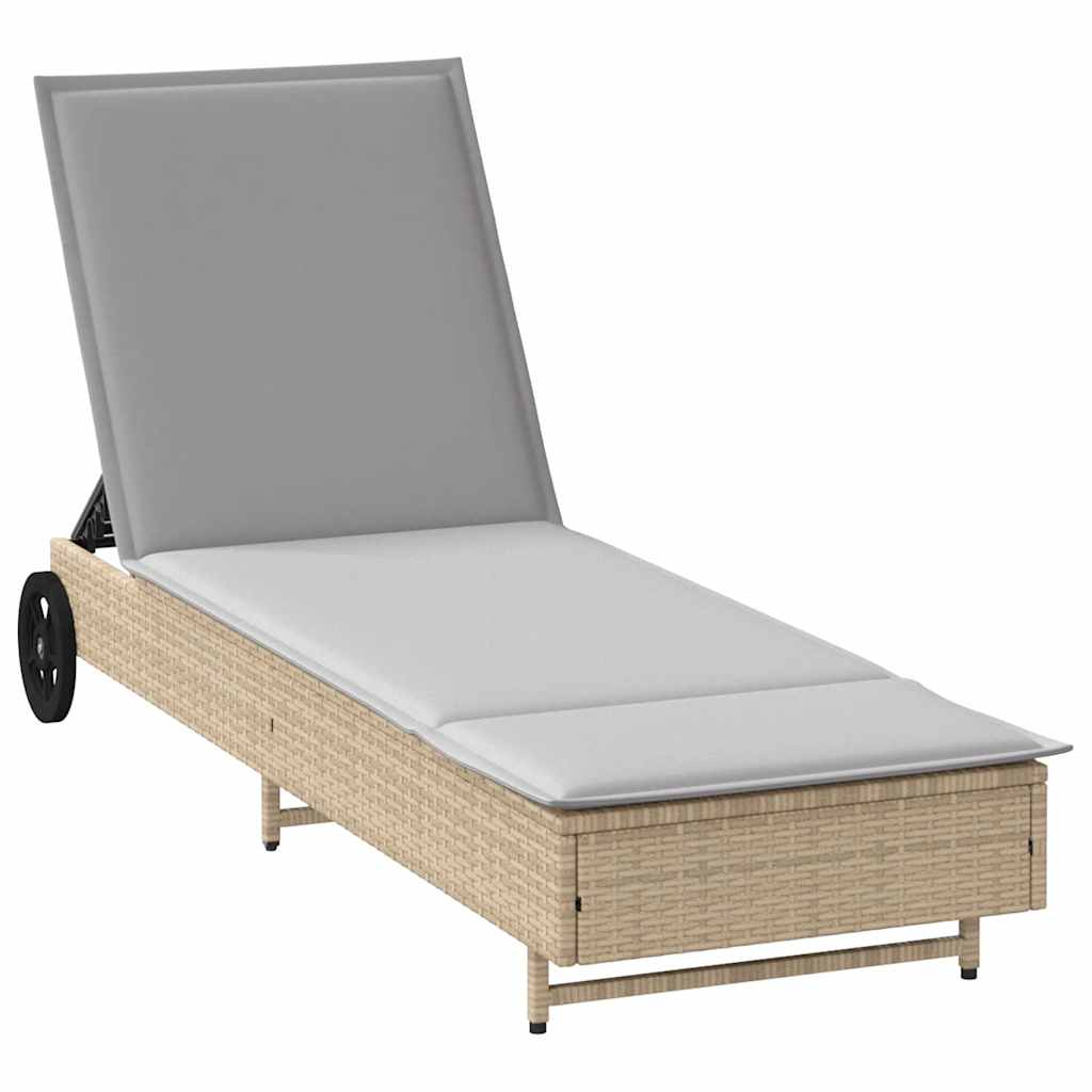 Bain de soleil à roulettes et coussin en polyrotin beige