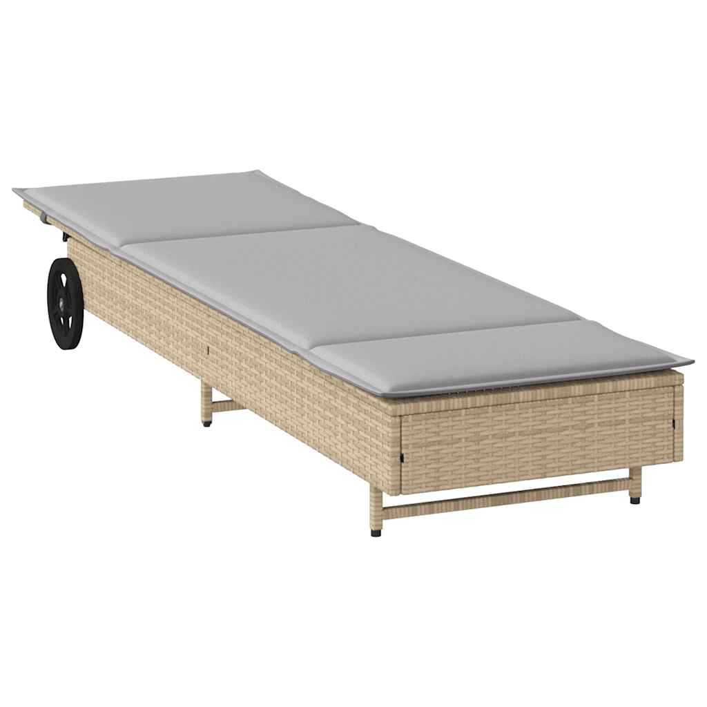 Bain de soleil à roulettes et coussin en polyrotin beige