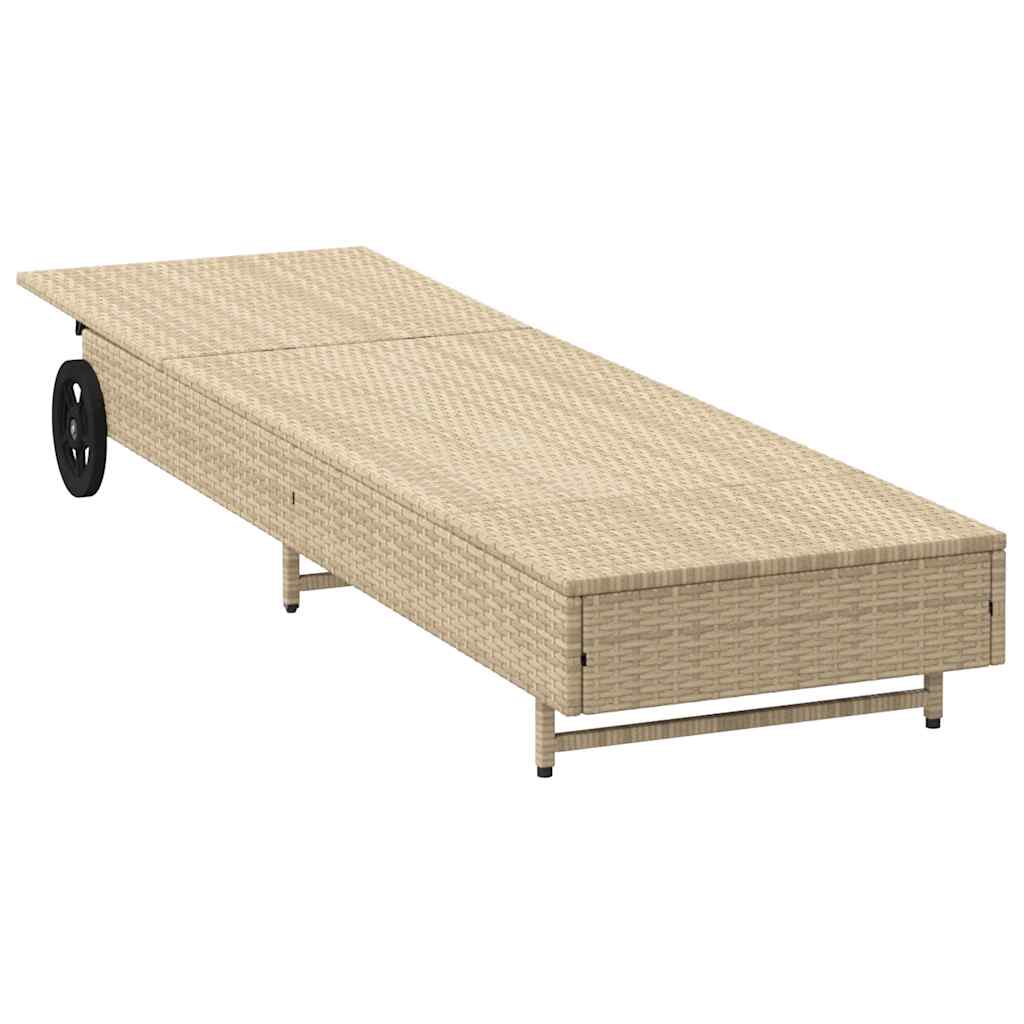 Bain de soleil à roulettes et coussin en polyrotin beige