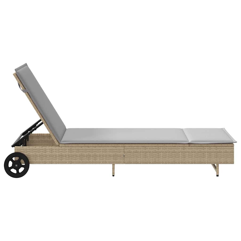 Bain de soleil à roulettes et coussin en polyrotin beige