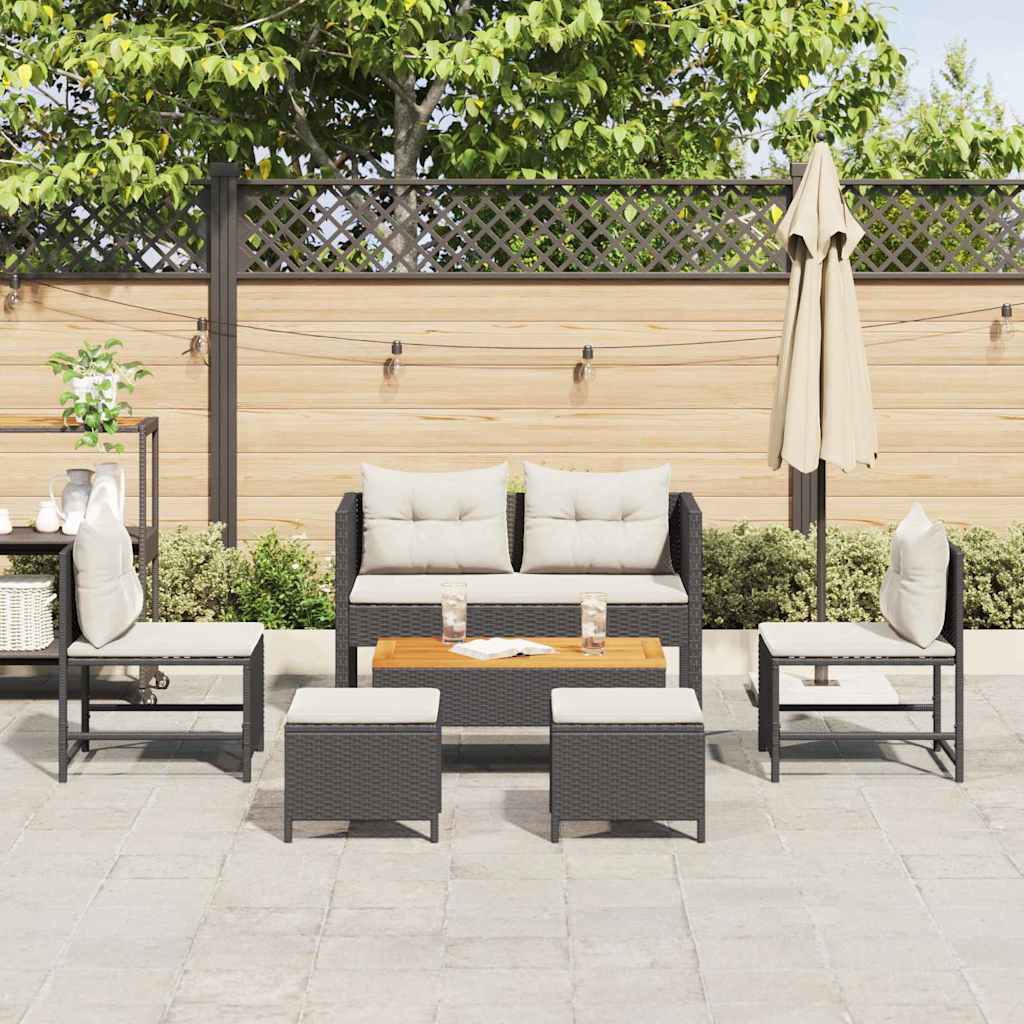 Gartensofa-set 6 stk. Schwarz und Creme Poly-Rattan