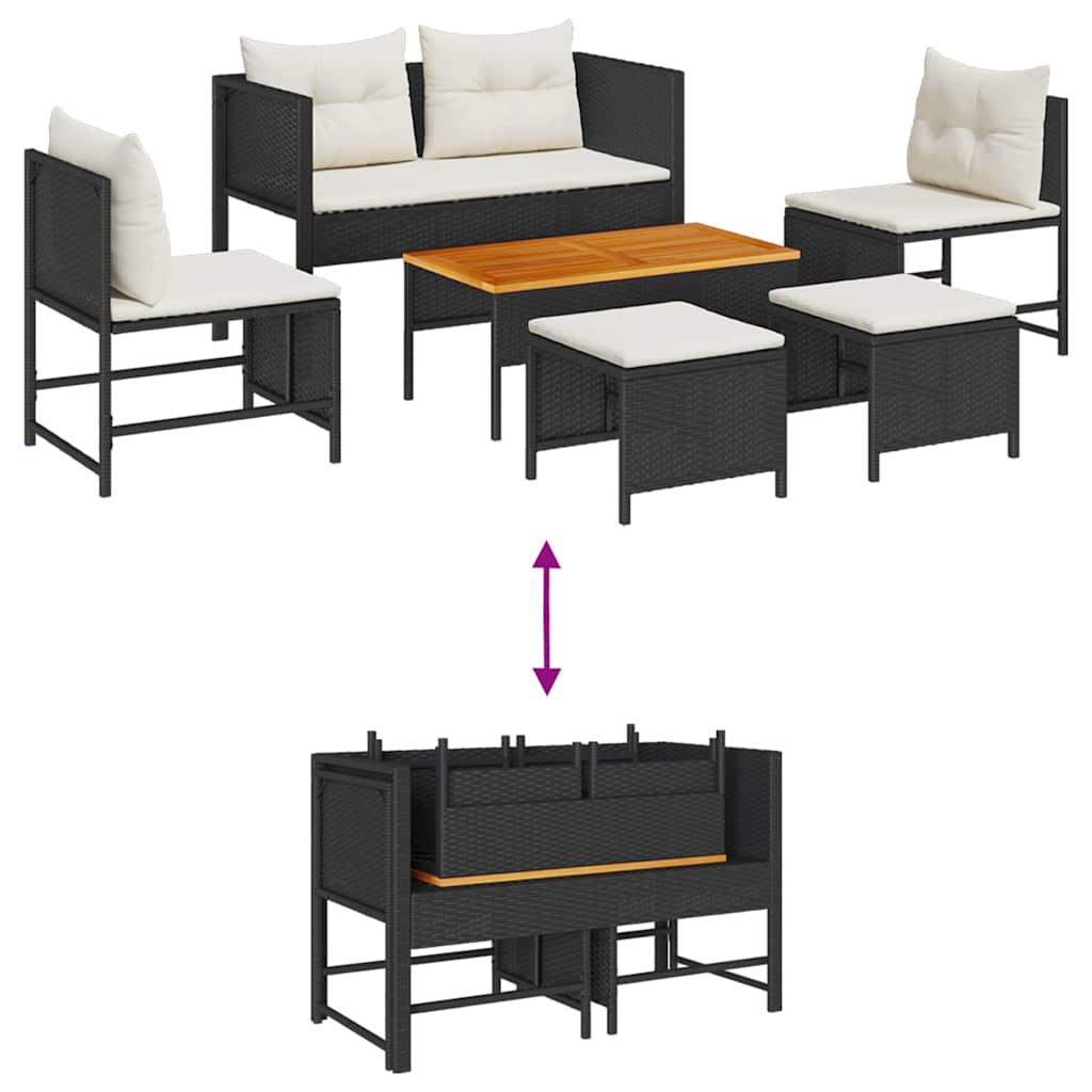 Gartensofa-set 6 stk. Schwarz und Creme Poly-Rattan