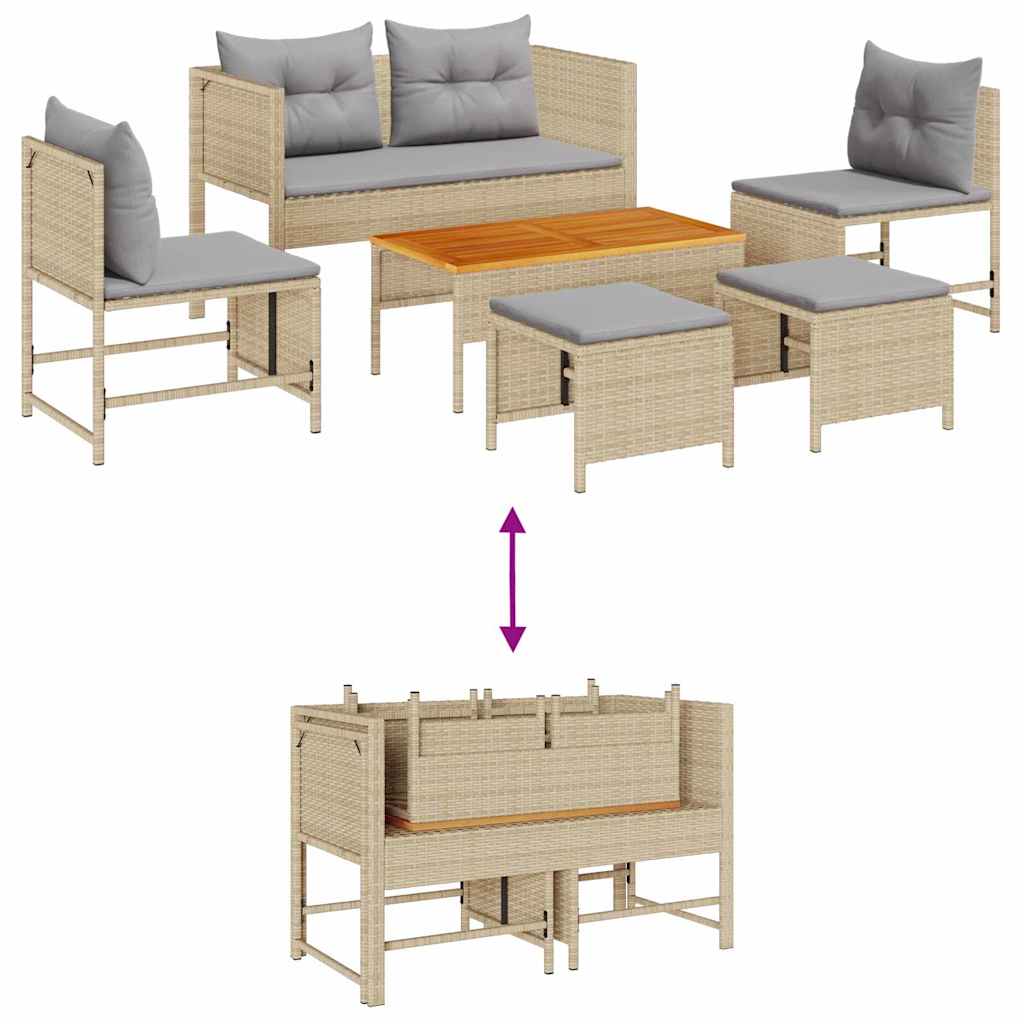 Gartensofa-set mit Kissen 6 pcs Beige und Hellgrau Poly-Rattan