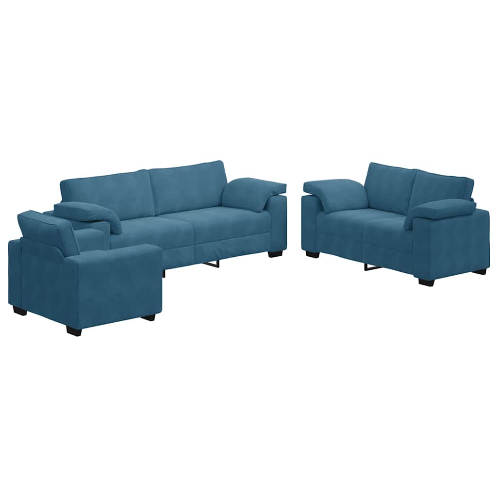 3-tlg. Sofagarnitur mit Kissen Blau Samt