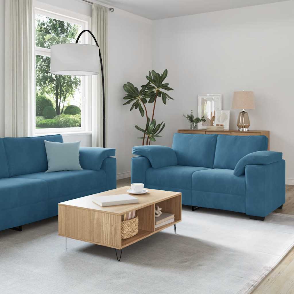 3-tlg. Sofagarnitur mit Kissen Blau Samt