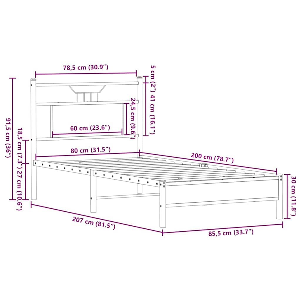 Bettgestell ohne Matratze Braun Eiche 80x200 cm Holzwerkstoff