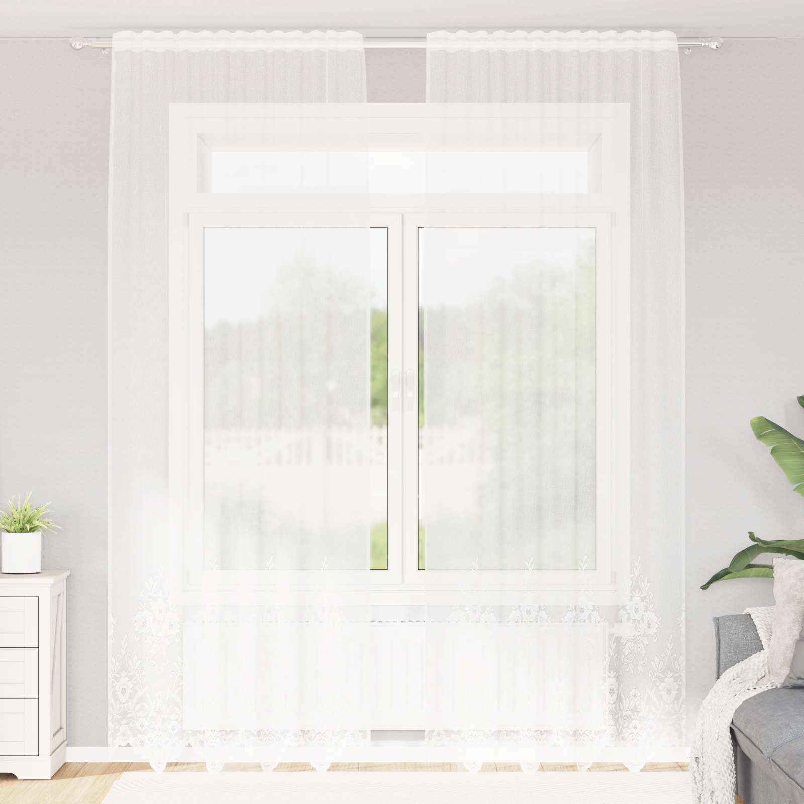 Spitzenvorhang mit Vorhängen Floral Weiß 260 x 150 cm Polyester