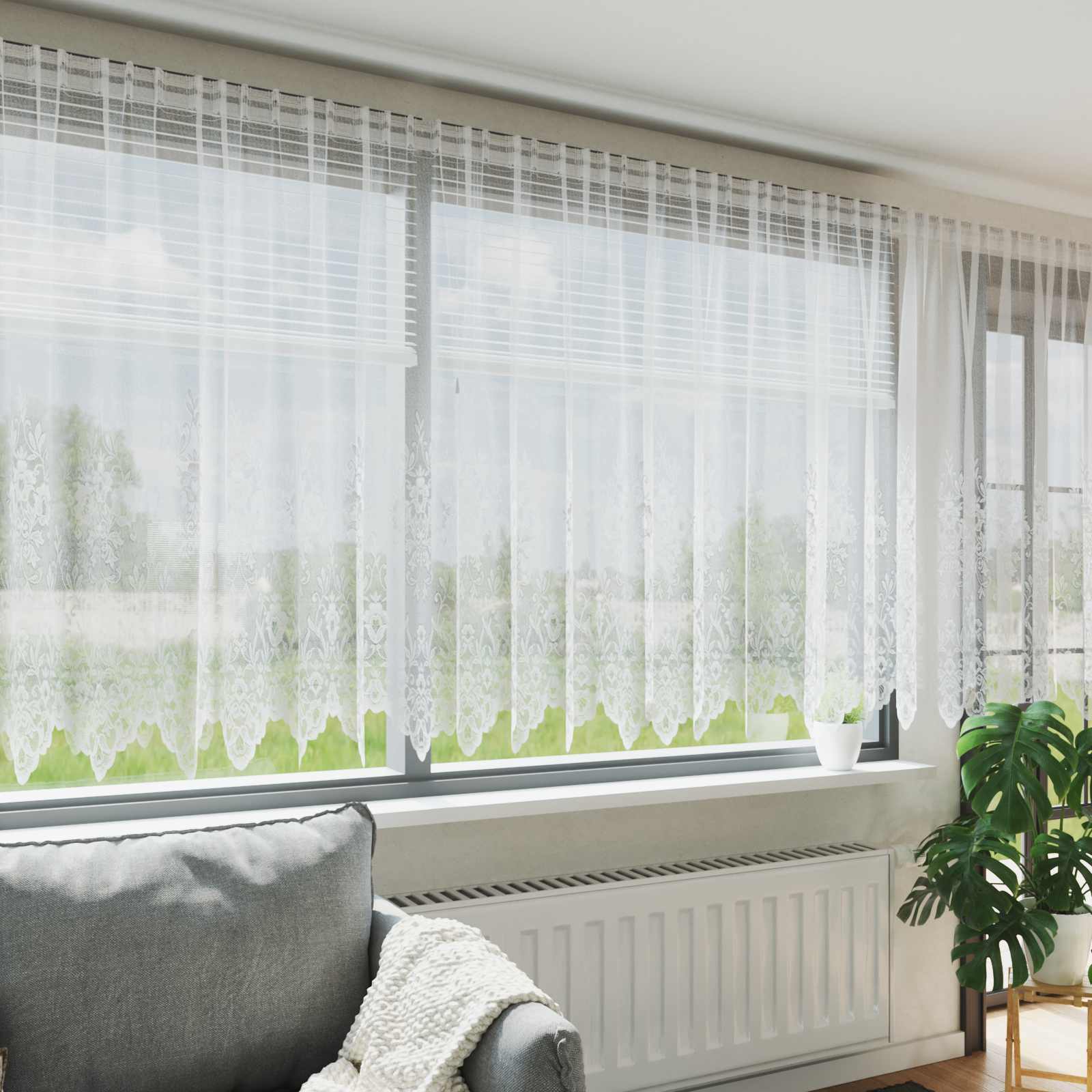 Spitzenvorhang mit Vorhängen Floral Weiß 180 x 400 cm Polyester