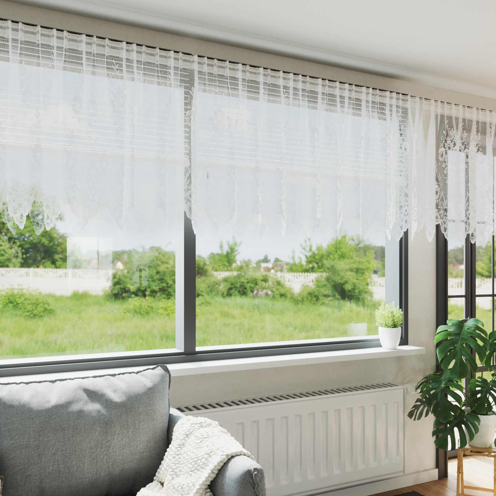 Spitzenvorhang mit Vorhängen Floral Weiß 120 x 500 cm Polyester
