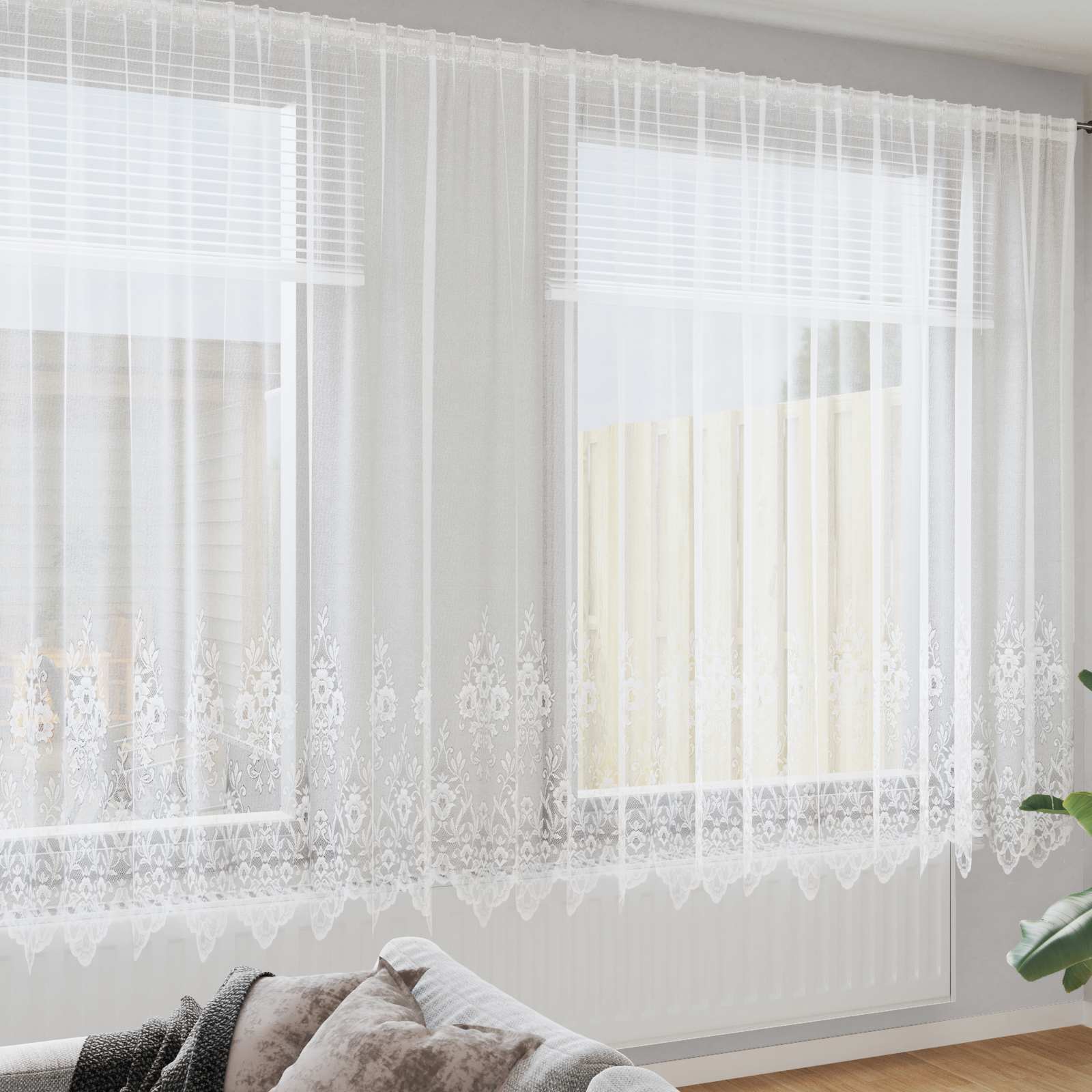 Spitzenvorhang mit Vorhängen Floral Weiß 220 x 600 cm Polyester