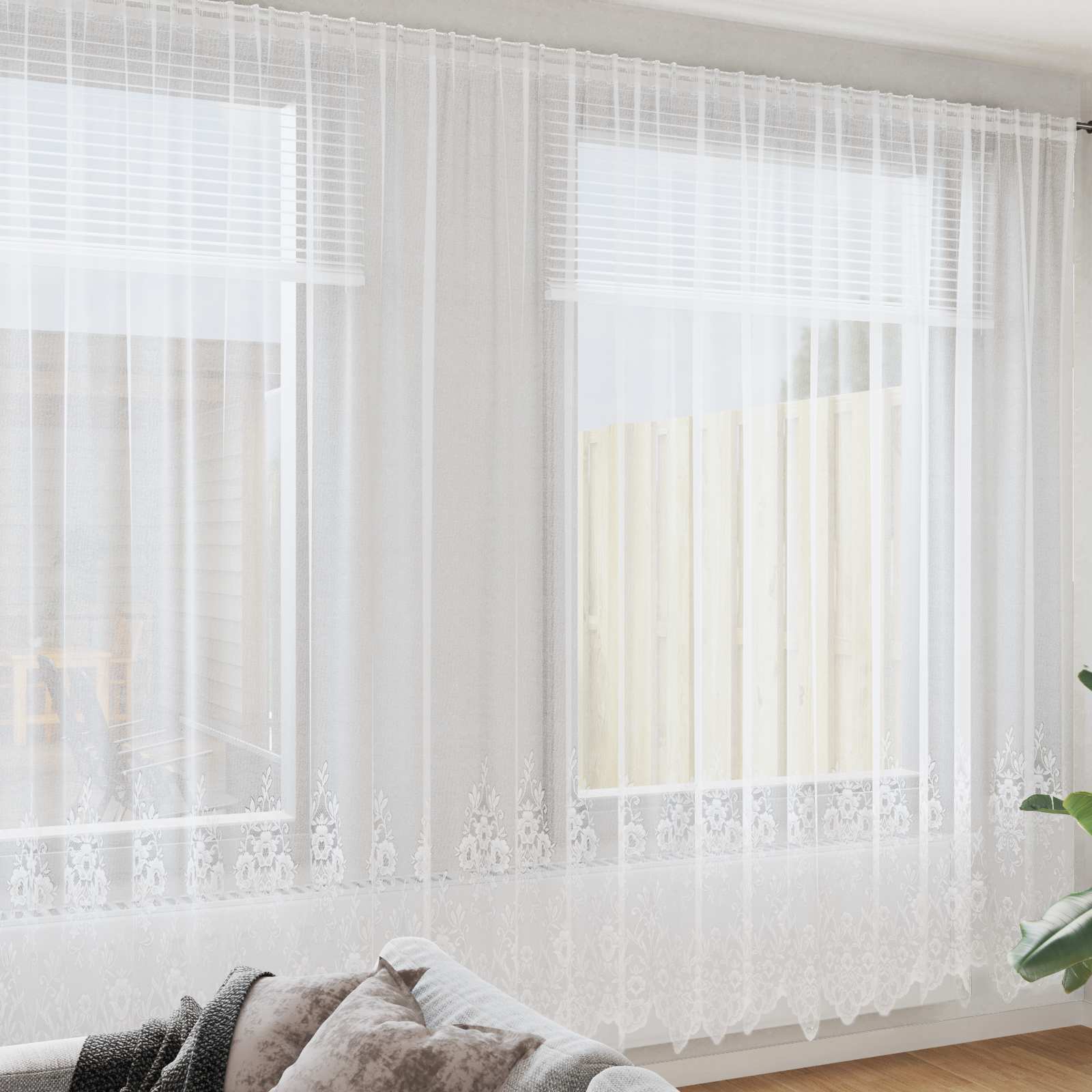 Spitzenvorhang mit Vorhängen Floral Weiß 300 x 600 cm Polyester