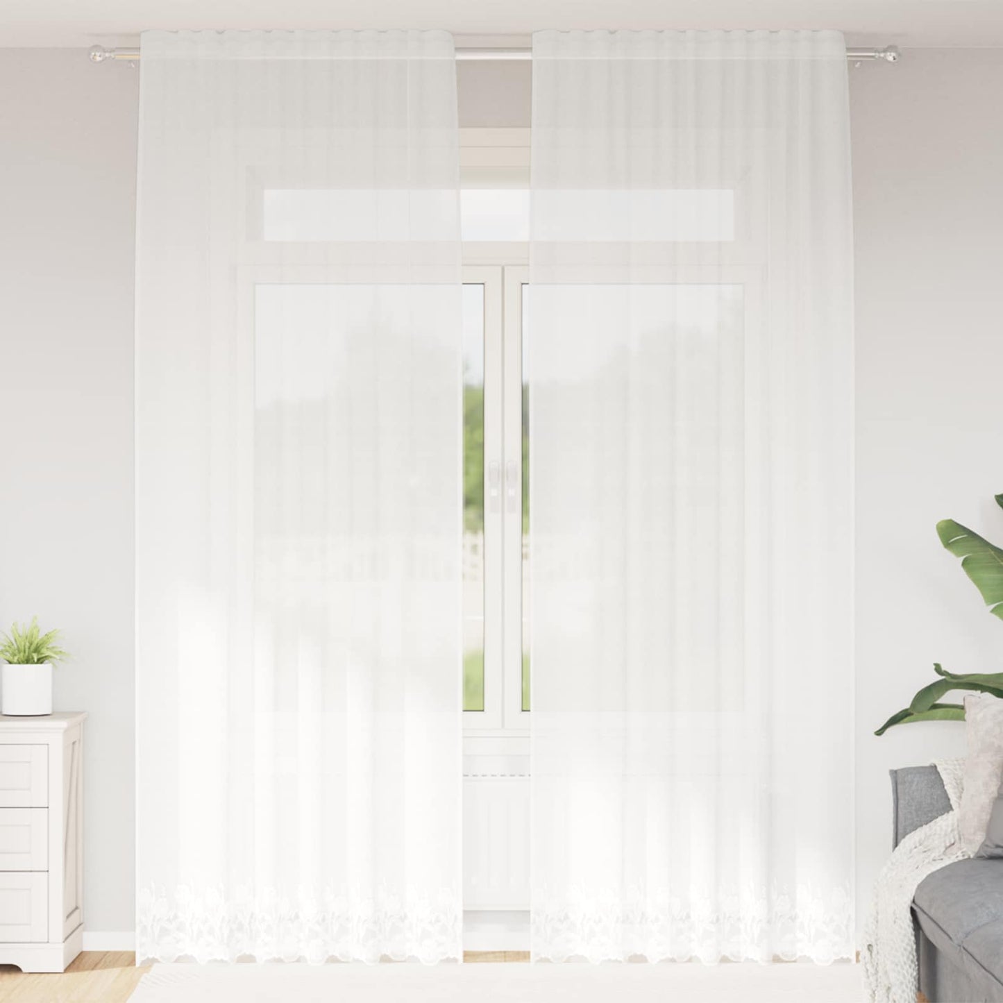 Spitzenvorhang mit Vorhängen Floral Weiß 300 x 150 cm Polyester