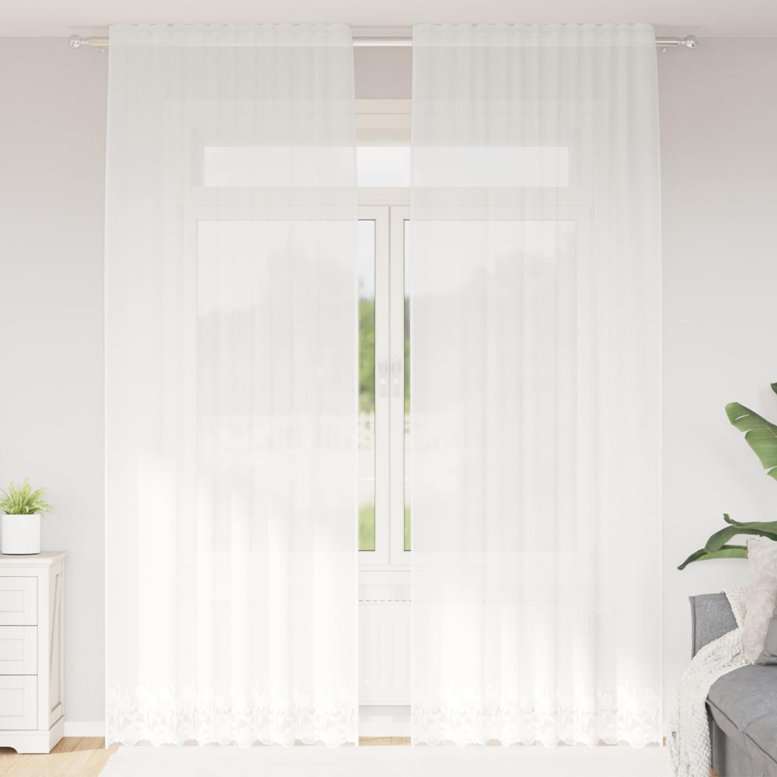 Spitzenvorhang mit Vorhängen Floral Weiß 300 x 150 cm Polyester