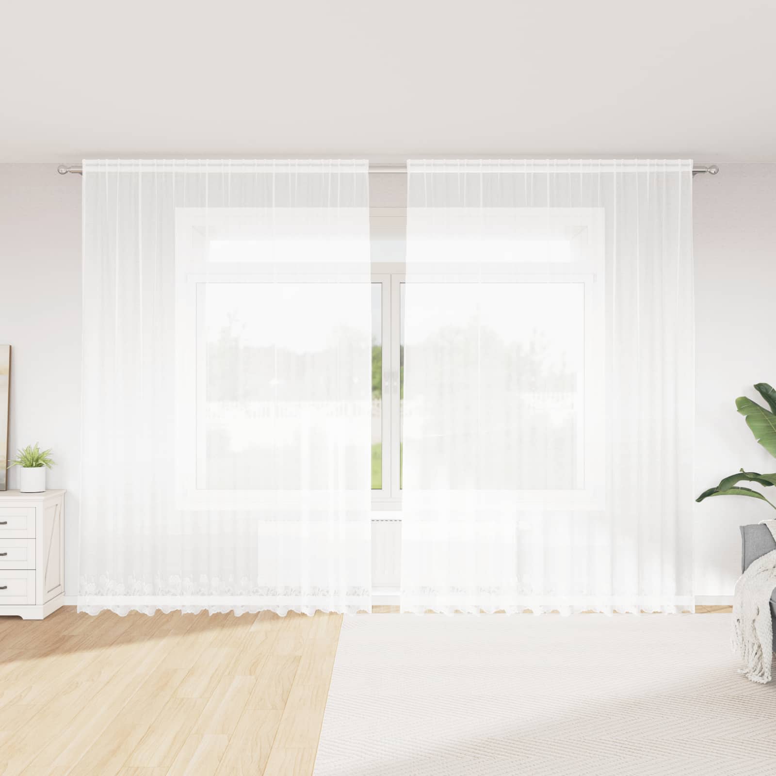 Spitzenvorhang mit Vorhängen Floral Weiß 260 x 300 cm Polyester