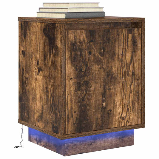 Bedside table with LED lights smoked oak 38x34x50 cm