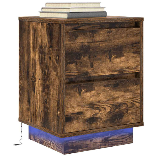 Bedside table with LED lights smoked oak 38x34x50 cm