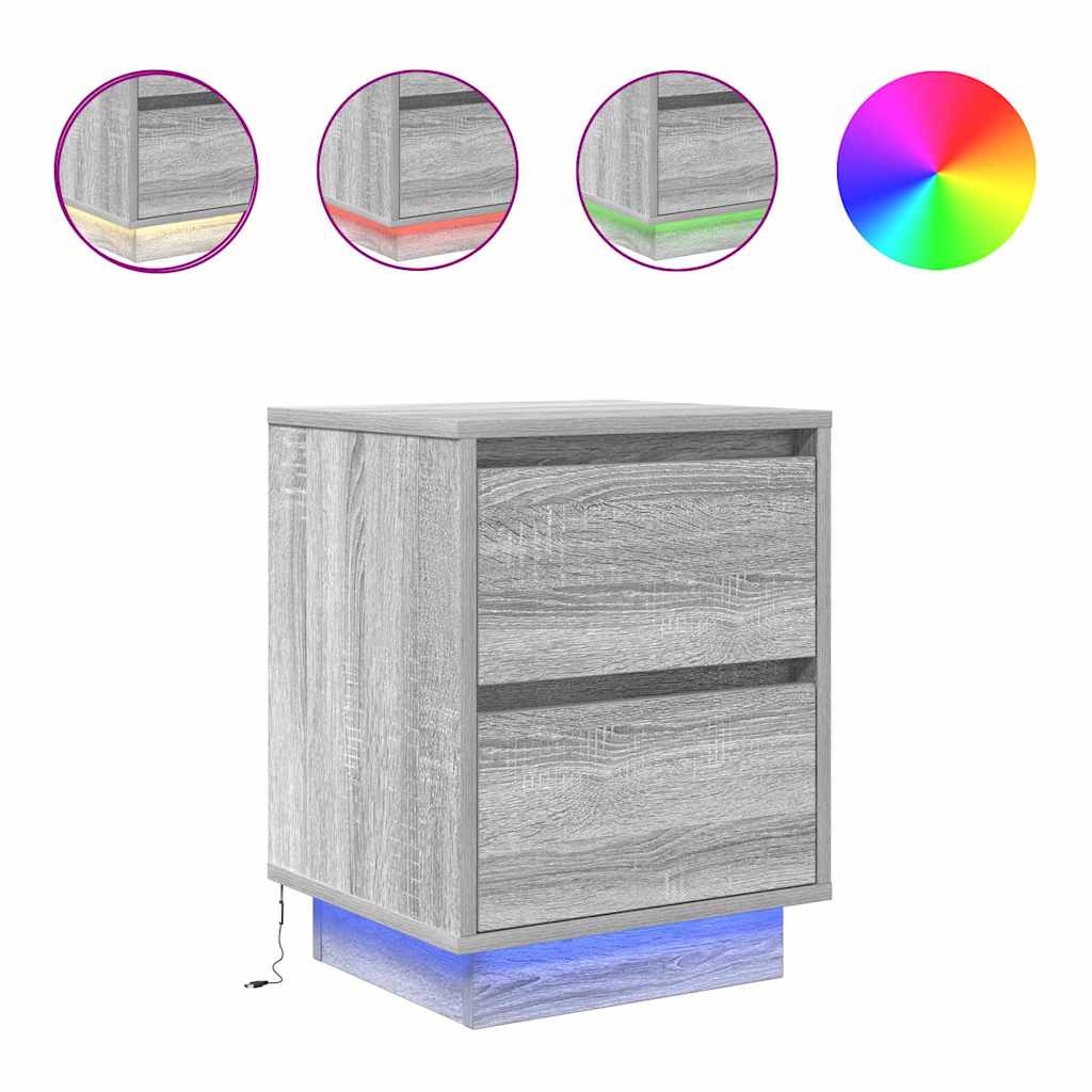 Bedside table with LED lights, Sonoma grey, 38x34x50 cm