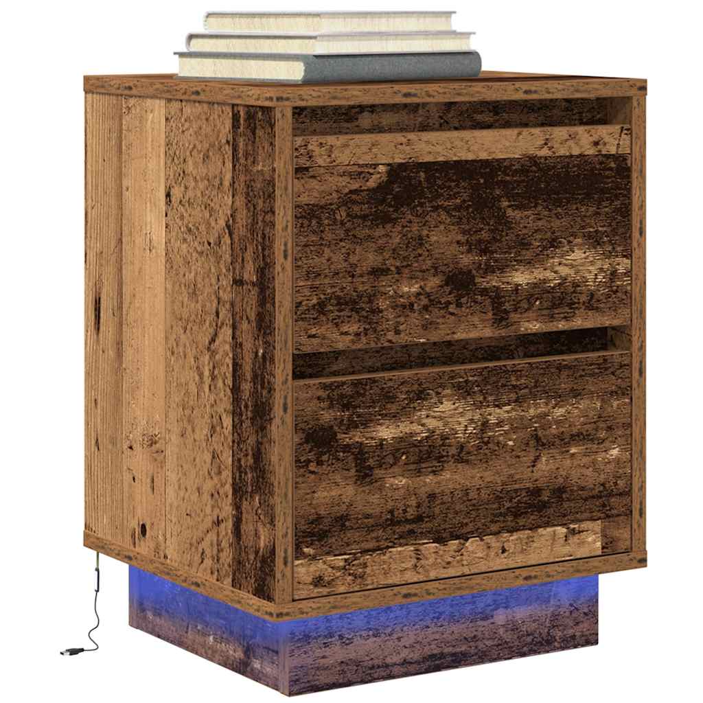Bedside tables with LED lights, 2 pieces, reclaimed wood look, 38 x 34 x 50 cm