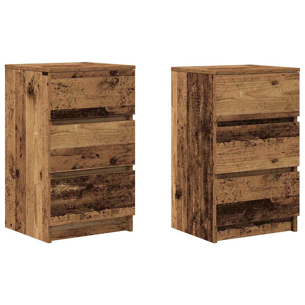 Tables de chevet à 3 tiroirs (2 pièces), aspect bois récupéré, 39x35x65 cm