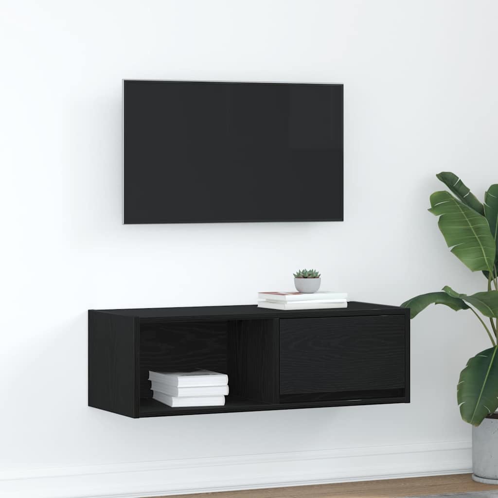 Meuble TV aspect chêne noir 80x31x25,5 cm matériau à base de bois