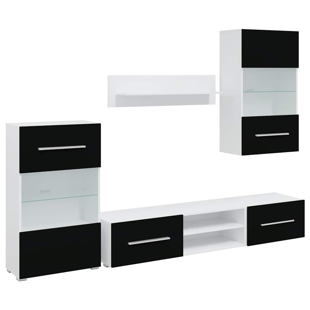 Meuble mural 5 pièces avec éclairage LED, finition bois noir mat