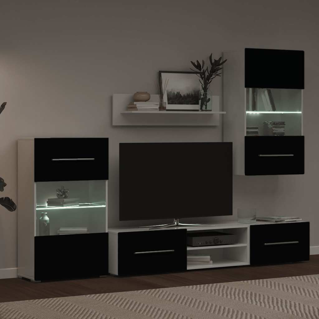 Meuble mural 5 pièces avec éclairage LED, finition bois noir mat