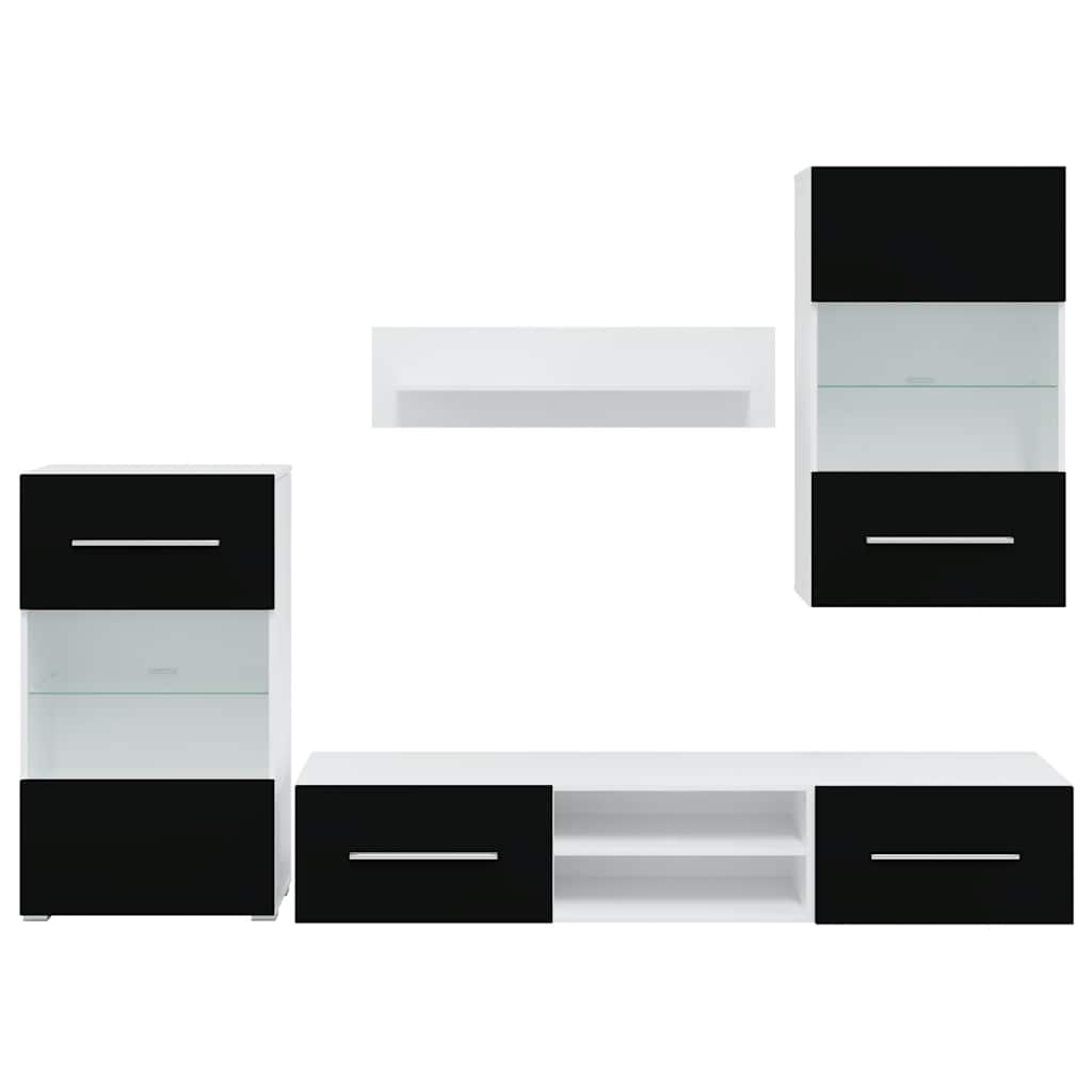 Meuble mural 5 pièces avec éclairage LED, finition bois noir mat