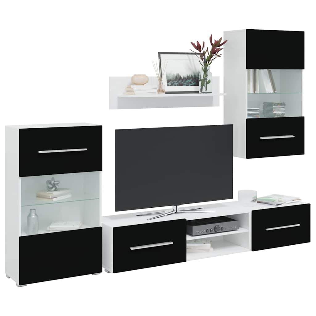 Meuble mural 5 pièces avec éclairage LED, finition bois noir mat