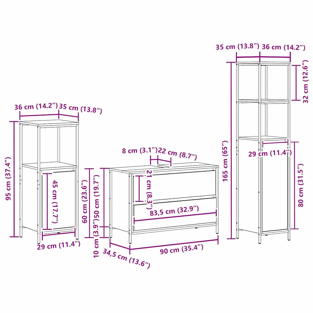 Badezimmermöbel-Set 3 stk. Sonoma-Eiche 90 x 34,5 x 60 cm