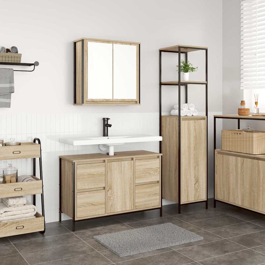 Badezimmermöbel-Set mit Regal 2 pcs Sonoma Eiche und Schwarz